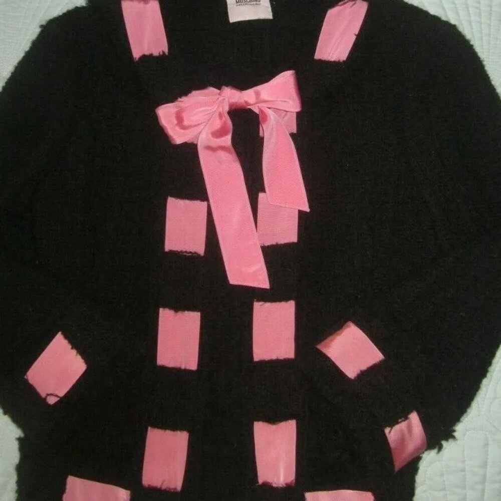 Moschino Italian Black Virgin Wool Pink Ribbon Bow Skirt Suit Jacket IT 42 US 8